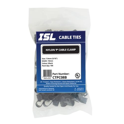 ISL Nylon 'P' Cable Clamp 8mm - Black - 100pk