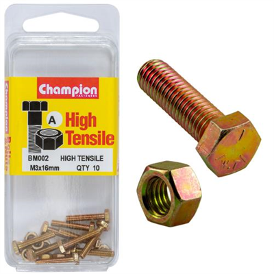 Champion Hex Set Screw High Tensile M3x16mm Grade 8.8 - 10pk